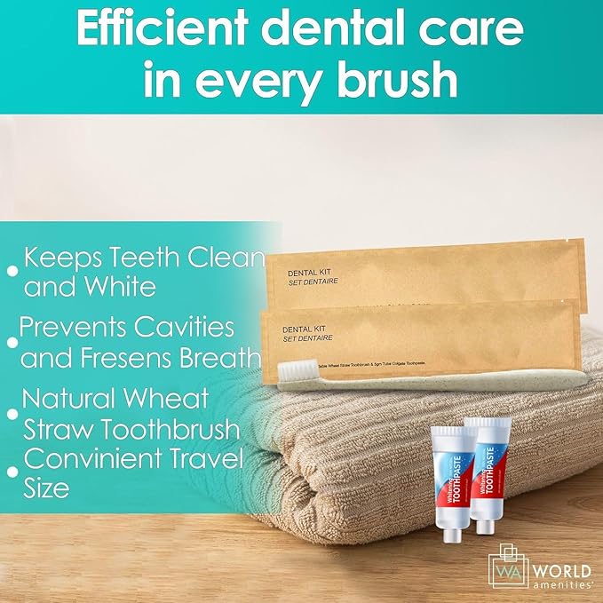 World Amenities Kraft Paper Dental Kit - Wheat Straw Toothbrush and Toothpaste Dental Care Kit (50)