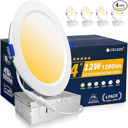 4 Pack Recessed Lighting 4 inch, 5000K Ultra-Thin LED Canless Recessed Lighting, Retrofit Dimmable Recessed Lights, 1200LM 12W=150W Wafer Lights - ETL & Energy Star Certified