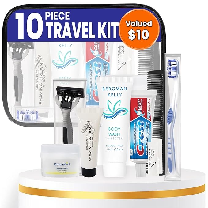 Trektote Travel Toiletry Kit For Men And Women – 10 Piece Set of Travel Size Toiletries, TSA Compliant, Includes Body Wash, Deodorant, Shaving Cream And Razor, Oral Care, Reusable Toiletry Bag & More