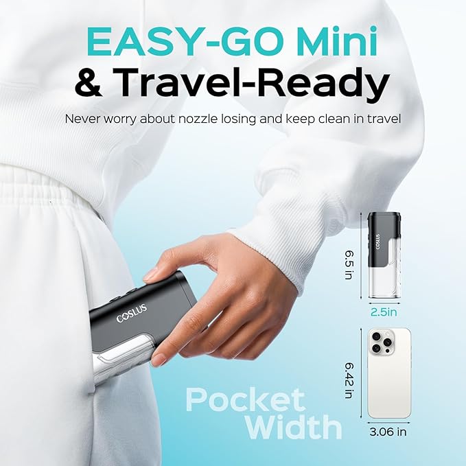 COSLUS Mini Water Flosser for Travel: Portable Compact Design, Cordless Oral Irrigator with 4 Modes, Removable Tank, IPX7 Waterproof for Braces, Orthodontic, Sensitive Teeth On-The-Go Use, Black, T40