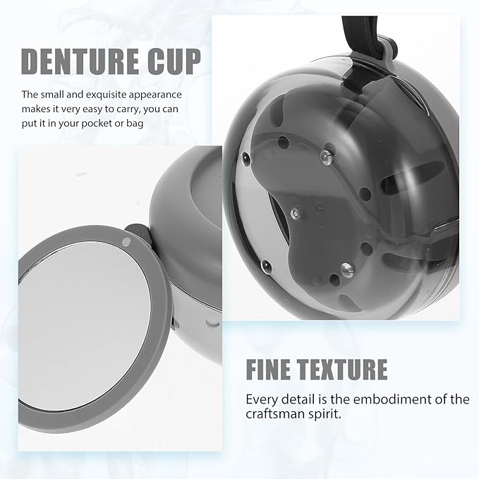 Retainer Case with Mirror and Denture Bath Cup Gray Plastic Orthotic Storage Box Portable Mouth Guard Holder for Travel and Daily Oral Care
