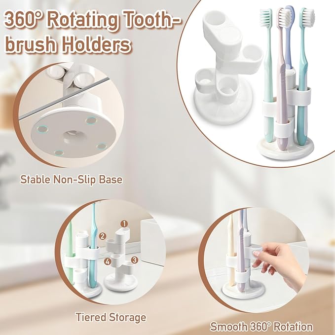 3 Pack 360° Rotating Toothbrush Holder for Bathroom, 4-Slot Toothbrush Storage Organizer with Non-Slip Base, Compact Toothbrush Bathroom Countertop Holder for Family Tooth Brushes, White