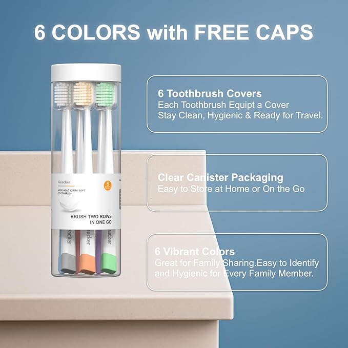 Medium Toothbrushes for Adults with Wide Head and Spiral Bristles, Whitening Toothbrush with Tongue & Cheek Cleaner, Travel Toothbrush with Cover and Canister Packaging, Multi-Color, 6 Count