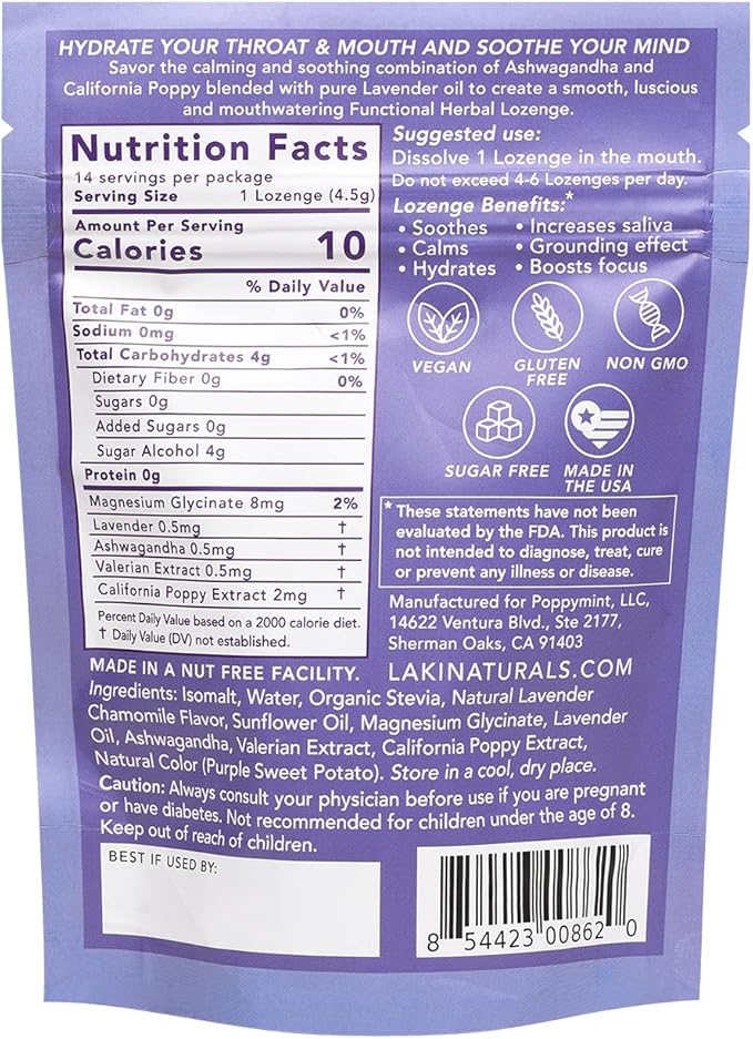 Laki Naturals Lavender Chamomile Calm Mood Functional Herbal Lozenges (14ct) Throat & Calming Hard Candies with Magnesium, Ashwagandha, California Poppy & Valerian. Vegan, Sugar Free, Gluten Free