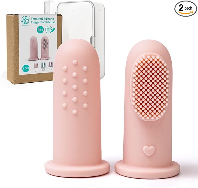 BumbleBee Silicone Baby Finger Toothbrush, Oral Cleaning & Teething Brush for Infants & Toddlers, 0 Months+, 2 Count with Travel Storage Case - Pink