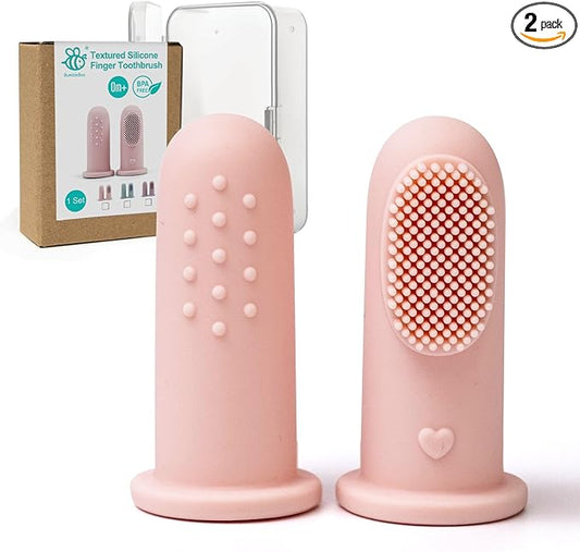 BumbleBee Silicone Baby Finger Toothbrush, Oral Cleaning & Teething Brush for Infants & Toddlers, 0 Months+, 2 Count with Travel Storage Case - Pink