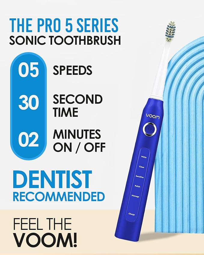 Voom Sonic Pro 5 Series Rechargeable Electronic Toothbrush, Dentist Recommended, Advanced Oral Care, 2 Minute Timer with Quadrant Pacing, 5 Adjustable Speeds, Soft Dupont Nylon Bristles, Blue