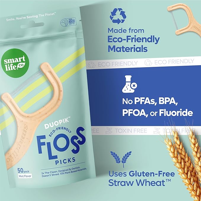 SmartLifeco Eco-Friendly Dual-Thread Dental Floss Picks (100ct) - Flossers Made with Straw Wheat Blend, Superior Anti-Shred for Tight Gaps, Tooth Pick Stick for Adults, Soft on Gum & Teeth, Mint