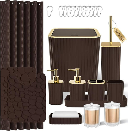 Bathroom Accessories Set - 25PC Brown Bathroom Sets with Shower Curtain and Rugs, Bathroom Accessory Set, Brown Shower Curtain Set, Trash Can, Qtip Holder Dispenser & Soap Dispenser