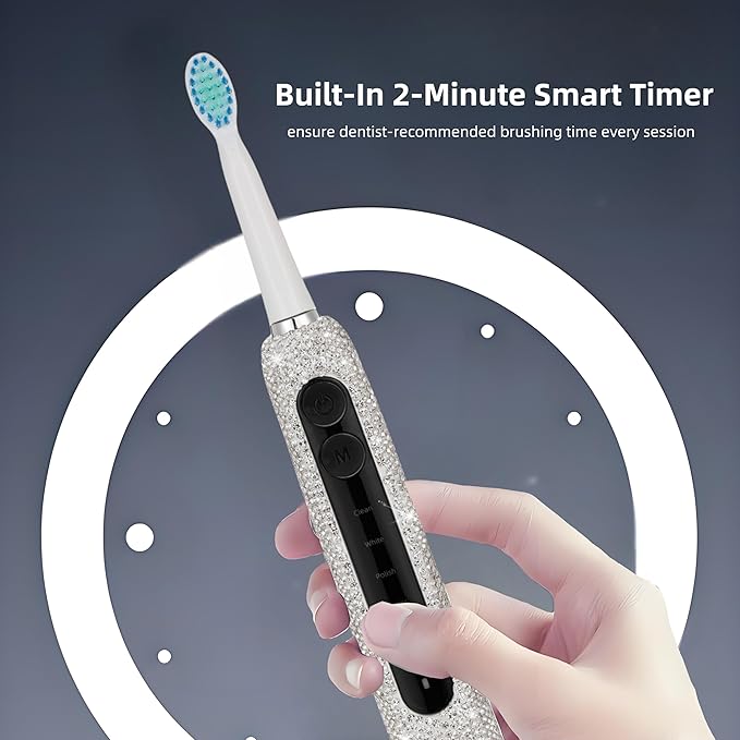 Diamond Sonic Electric Toothbrush Bling Rechargeable Toothbrushes for Adults with 6 Brush Heads Vibrating Toothbrush-5 Modes, USB-C Fast Charge,2Min Smart Timer,IPX7 Waterproof(White)