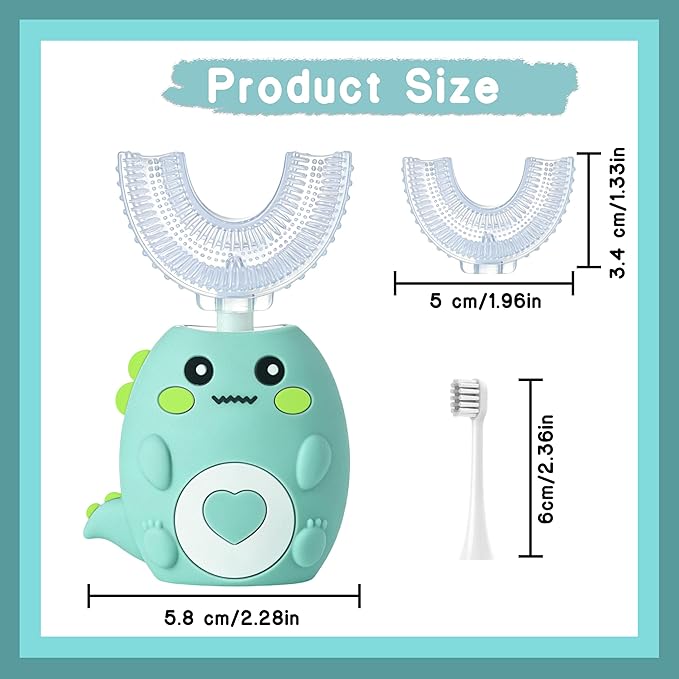 Kids Electric U Shaped Toothbrush, Sonic Automatic Toothbrush Kids with 4 Brush Heads, 3 Cleaning Modes, Cartoon Dinosaur IPX7 Waterproof 360º Round Toddler Electric Toothbrush(Green, Ages 2-12)