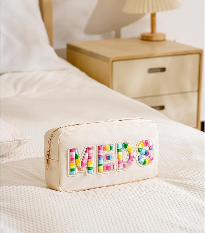 uekeboag Personalized Chenille Letter Patch MEDS Bag, Cute Nylon Drug Medicine Travel Makeup Bag with Zipper, Preppy Vitamin Organizer Bag for Women and Girls (Beige-Rainbow)