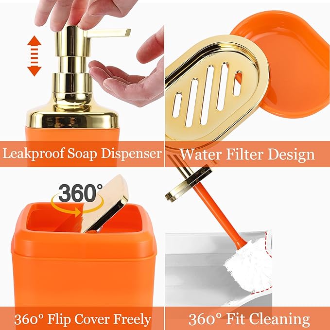 Orange Bathroom Accessories, Bathroom Sets with Stripe Shower Curtain, Orange and Gold Bathroom Accessories Set with Trash Can, Soap Dispenser, Soap Dish, Qtip Holders for Bathroom