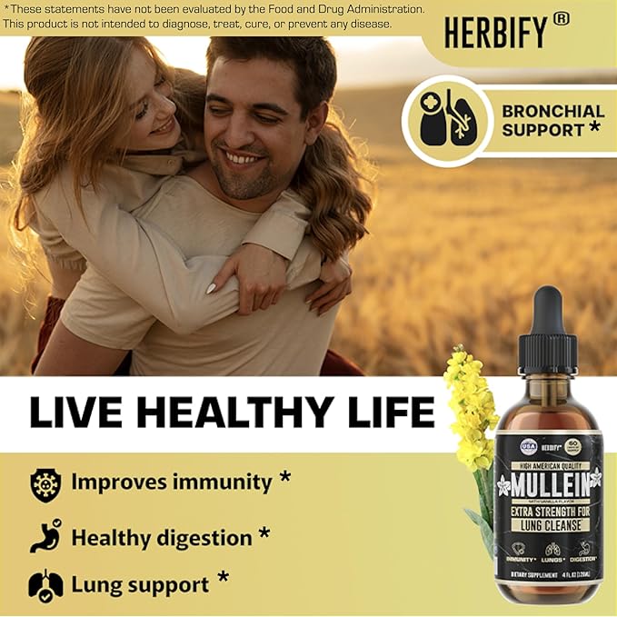 HERBIFY Mullein Drops - Lung Cleanse - Leaf Extract - Powerful Mullein for Immune Support, Detox & Respiratory Support - Made in USA - 4 Oz Vanilla Flavor