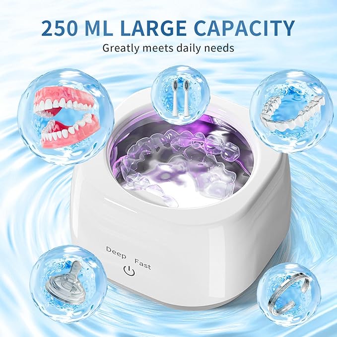 Ultrasonic Retainer Cleaner Machine - 45kHz Dental Cleaning for Retainer Cleaner, Denture, Mouth Guard, Aligner, Jewelry Cleaner, Toothbrush Heads with Dual Mode & 250ML Capacity, White