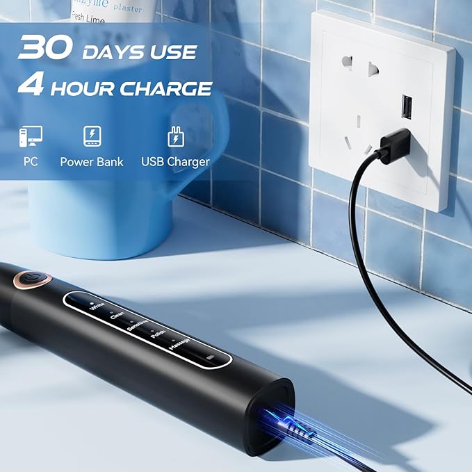 YUNCHI Electric Toothbrush for Adults, Battery Toothbrush, Rechargeable Sonic Electric Tooth Brush with 8 Brush Heads, 5 Modes & 2 Minutes Smart Timer, IPX7 Waterproof, One Charge for 30 Days, Black