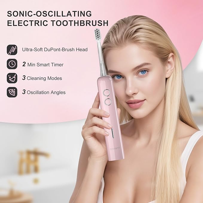 Electric Toothbrush Wave Oscillation & Vibration Sonic Tooth Brush for Adults BASS-Brushing Technique Travel Rechargeable Toothbrushes 4 Soft Bristle Replace Heads IPX7 Gifts for Men Women Pink