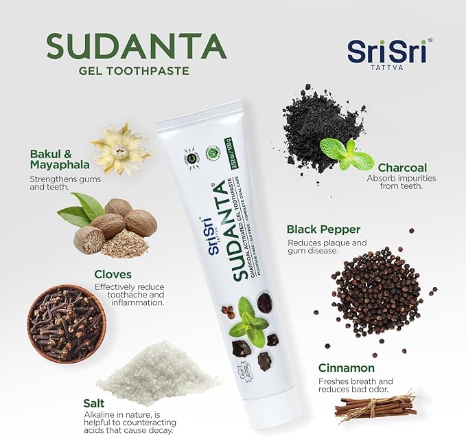 Sri Sri Tattva Sudanta Charcoal Toothpaste Gel – SLS, Fluoride Free Herbal Toothpaste with Neem & Ayurvedic Herbs – Natural Teeth Whitening, Fresh Breath, Oral & Gum Health – 100g Tube (Pack of 1)