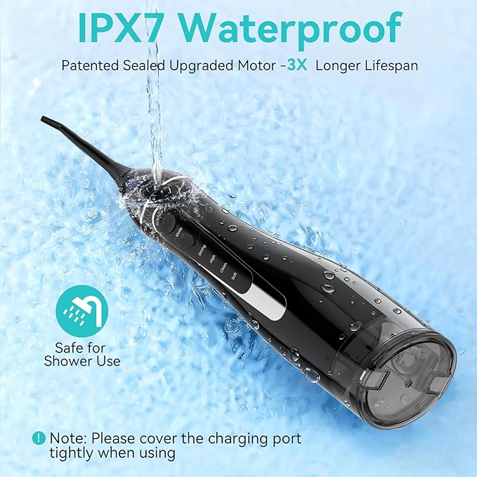 Water Flosser Cordless Oral Irrigator with 4 Modes and 4 Jet Tips, IPX7 Waterproof, 300ml/10oz for Adults, Home and Travel Use in Black