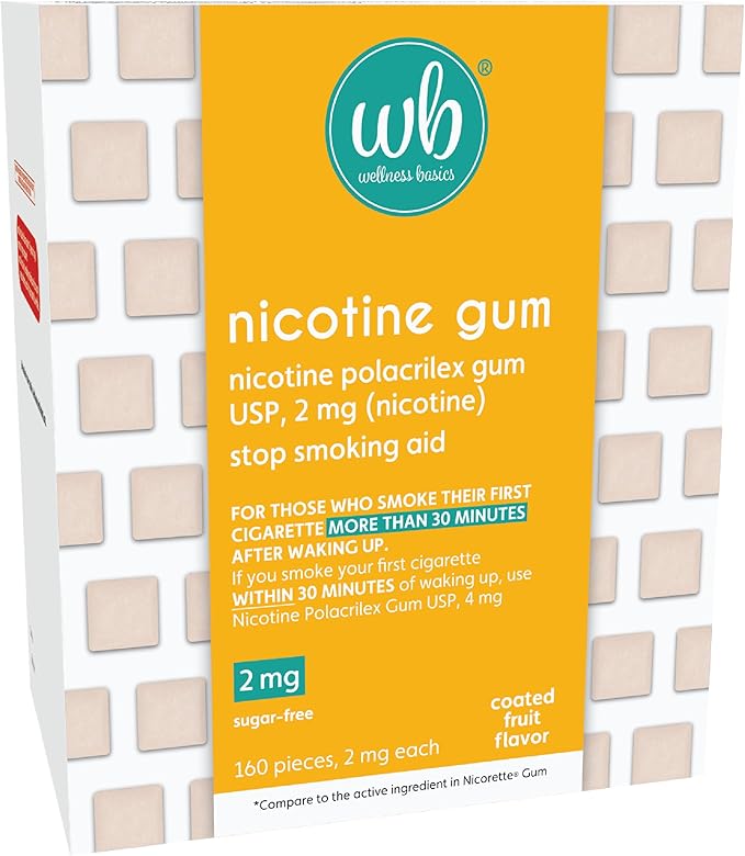 Wellness Basics Nicotine Gum 2mg | Stop-Smoking Aid | Fruit Flavor | 160 Count | Reduces Cravings & Withdrawal Smyptoms