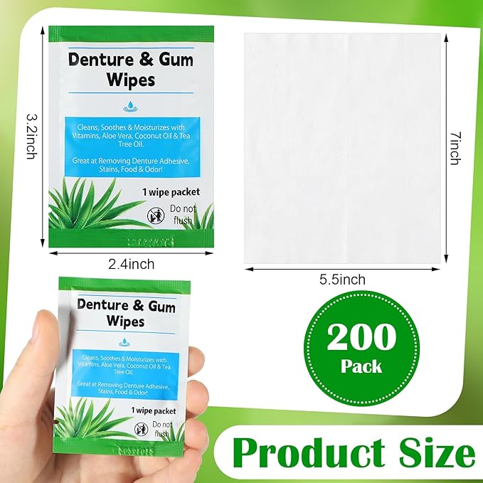 Timgle 200 Pcs Denture Cleaning Wipes Refreshes Gums Deep Cleaning Wipes for Remove Denture Adhesive, Food Debris, Stains and Odor
