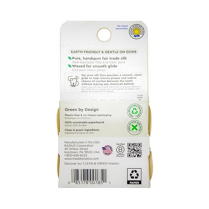 RADIUS Dental Floss, Natural Floss, Unscented Silk, 33 Yards, Compostable & Non-Toxic Oral Care Designed to Help Fight Plaque, Pack of 3