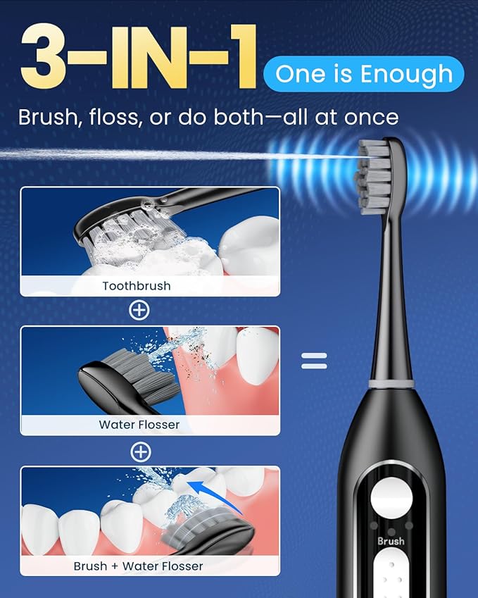 Electric Toothbrush with Water Flosser 3-in-1 Combo, Professional Sonic Toothbrush for Adults, 3 Brush Modes+5 Floss Speeds, Rechargable, 2.0 Flossing Toothbrush for Oral Care, Portable Travel Case