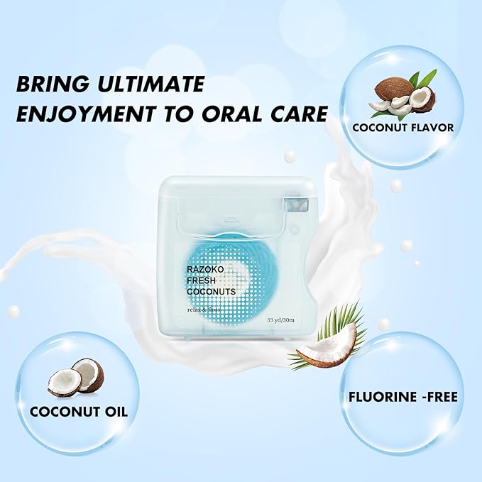 RAZOKO Coconut Oil Infused Woven Dental Floss, Vegan and Cruelty-Free, Coconut Scent, 4 Month Supply (33 Yds x 2 Units)