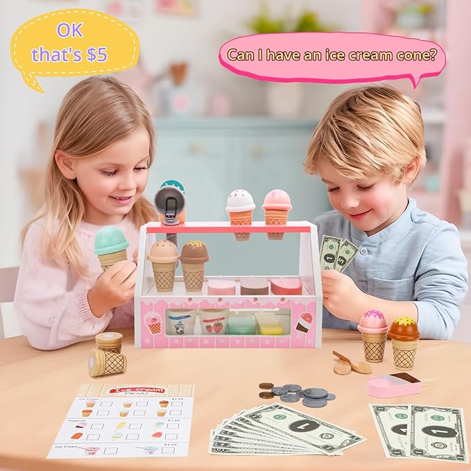 Wooden Ice Cream Toys for Kids Ice Cream Counter Shop for Toddlers Pretend Play Food Scoop and Serve with Scoop & Menu & Fake Money for Boys and Girls Ages 3 4 5 6 (Pink)