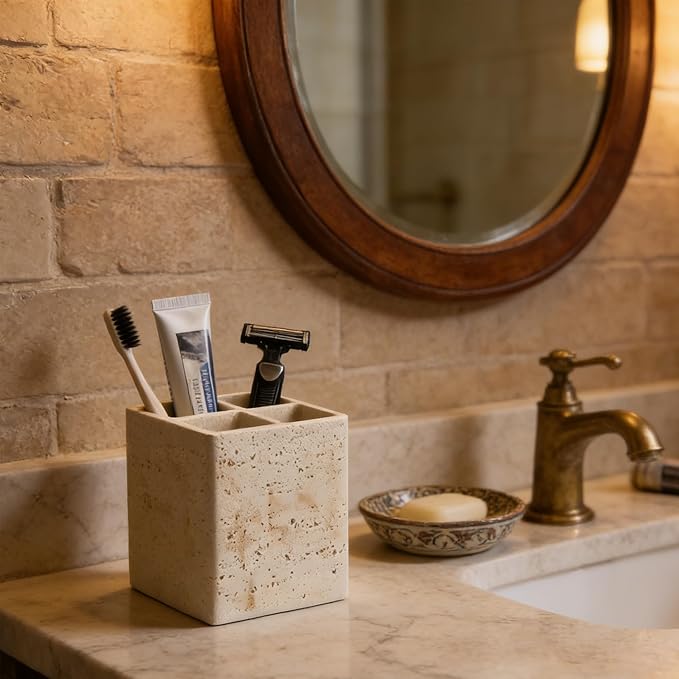 Natural Travertine Textures Toothbrush Holders for Bathroom, Electric Toothbrush and Toothpaste Holder 3 Slots Tooth Brush Organizer for Bathroom Countertop, Shower, Vanity
