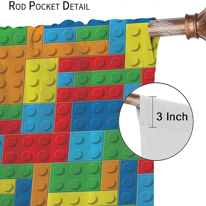 Colorful Building Block Toy Printed Curtains, Building Blocks, Curtains, Fun Brick 3D Design, Kids, Teens, Girls, Boys, Living Room, Bedroom, Window Treatment Panels, 2 Panels 52x84in