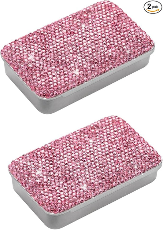 2pcs Dental Floss Holder Bling Gum Container Small Metal Tin Box Case for Q-tip,Cotton Swab（Pink