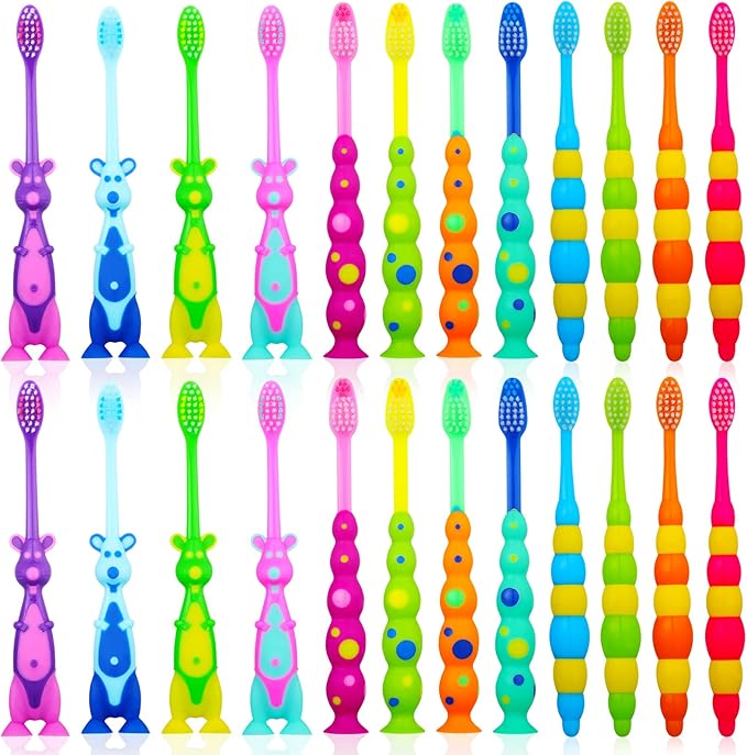 Toddler Toothbrush Pack - 24 Pieces, Soft Bristle Animal Toothbrushes with Covers, Suction Cup, Sensitive Teeth