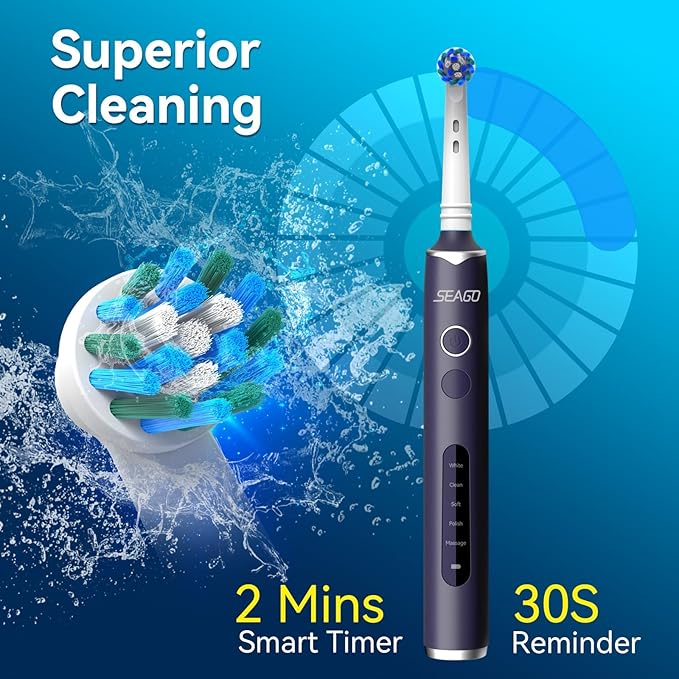 SEAGO Rotating Electric Toothbrush with 8 Round Brush Heads, with 5 Cleaning Modes, Sonic Technology Whitening Teeth in 14 Days, for Adult and Kids，SG-2603 (Black)