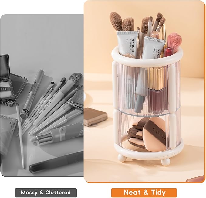 Makeup Brush Holder, 2 Tier Clear Cosmetic Tools Organizer, Round Makeup Organizer for Vanity Countertop (Milky White)