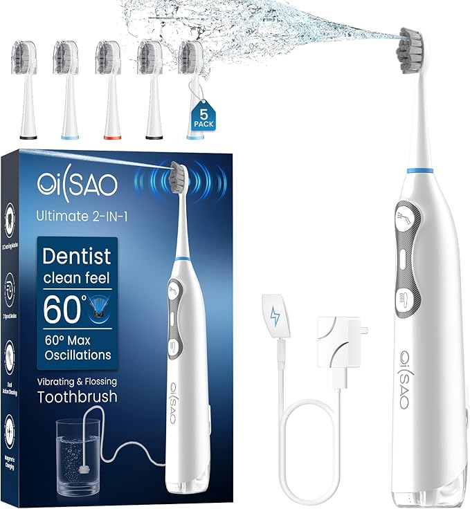 3-in-1 Flossing Toothbrush-Flosses, Vibrates and Oscillates, Electric Toothbrush with Water Flosser Equipe 5 Brush Heads, Plaque Removal for Sensitivity, Braces-White