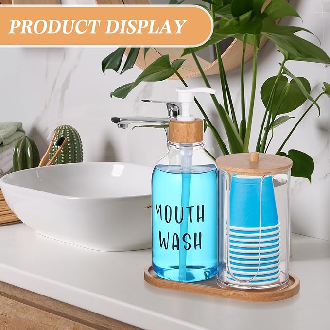 1 Set Mouthwash Dispenser for Bathroom 17 Oz Refillable Mouth Wash Pump Bottle Paper Cup Holder with Bamboo Lid and Tray Clear Mouthwash Container for Bathroom Vanity Kitchen Sink