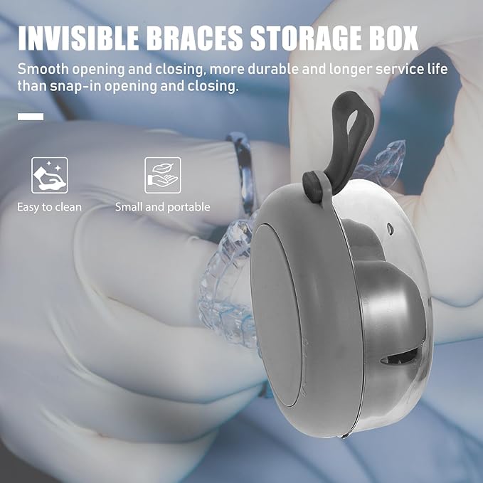 Retainer Case with Mirror and Denture Bath Cup Gray Plastic Orthotic Storage Box Portable Mouth Guard Holder for Travel and Daily Oral Care