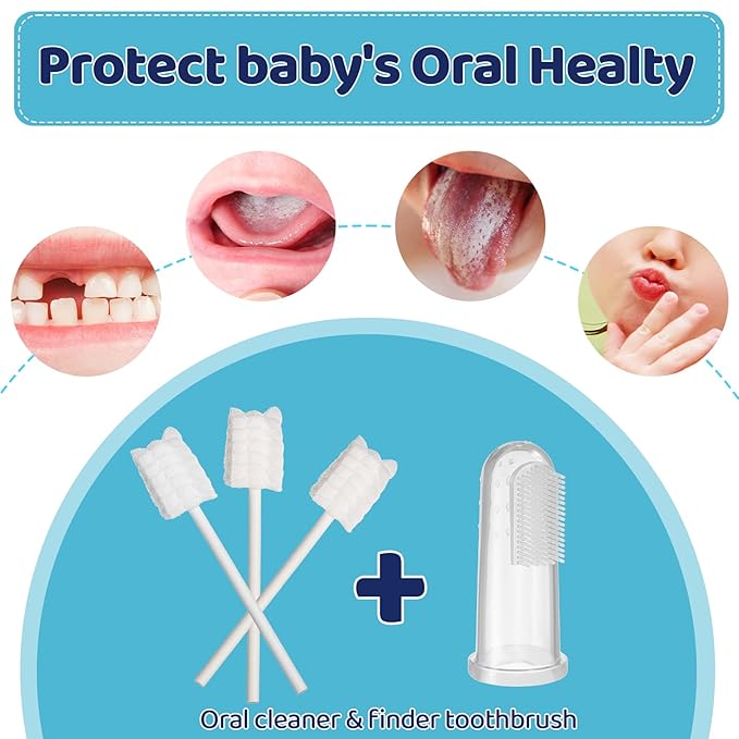 Tondiamo 100 Pcs Baby Tongue Cleaner Toothbrush Baby Oral Cleaner with 3 Pieces Finger Toothbrush for Newborn Mouth Oral Cleaning Infant for 0-36 Months