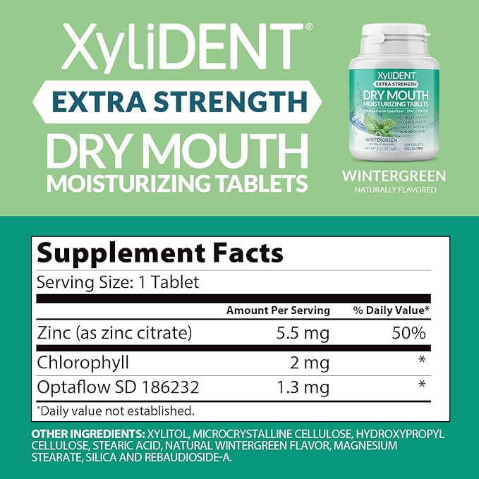 Extra Strength Xylitol Tablets for Dry Mouth Relief - Stimulates Saliva, Freshens Breath, Reduces Acid Production, Fast Acting Relief, 100 Count (Wintergreen)