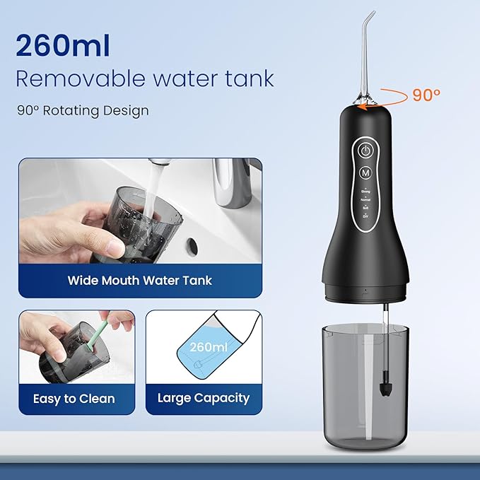 Water Flosser for Teeth Cleaning: Deep Cleaning for Braces & Sensitive Gums - 260ML Portable Cordless Oral Irrigator with DIY Strength, 4 Modes, 30-Day Battery, IPX7 Waterproof for Home Travel Black