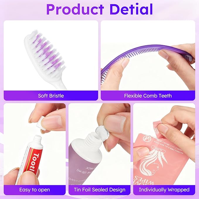 Travel Toiletries Personal Cleaning Bulk,Disposable Hygiene Kit Care Package Supplies, Women Toiletry Essentials Set Individually Wrapped for Camping, Hotel, Vacation, Homeless, Charity (11-in-1, 50)