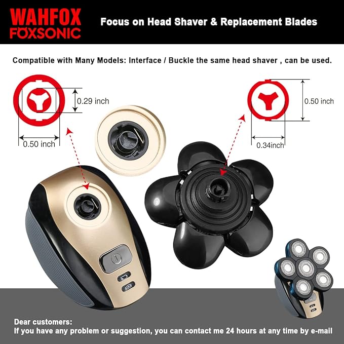FOXSONIC Universal 6 Blade Replacement Heads for Mainstream Shaver Brands, Bald Shaver Replacement Heads with Blade Cover (Black)