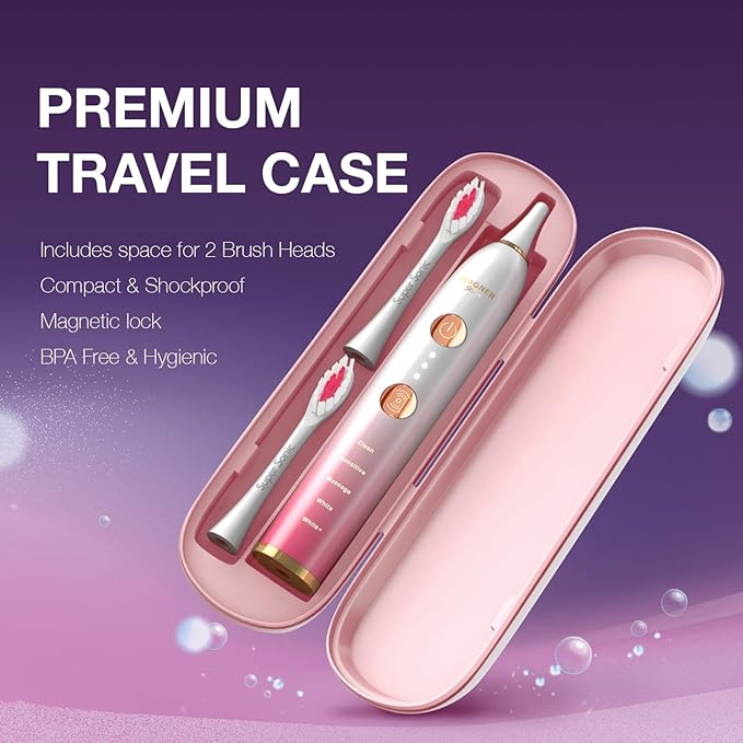 Wagner Stern WT8900 Series Electric Toothbrush – Whitening & Pressure Sensor, 5 Modes, 3 Intensities, 8 Soft Brush Heads, Rechargeable, Travel Case Included
