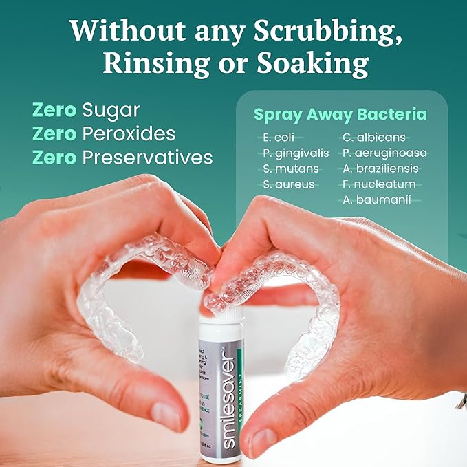 Smilesaver Retainer Cleaner - A Clean Label, Healthy Choice, 30 Sec Spray Cleaner for Retainers, Invisalign, & Dentures. Minty Taste. Portable, Convenient, No Rinsing. Protects Oral Health. (2oz)