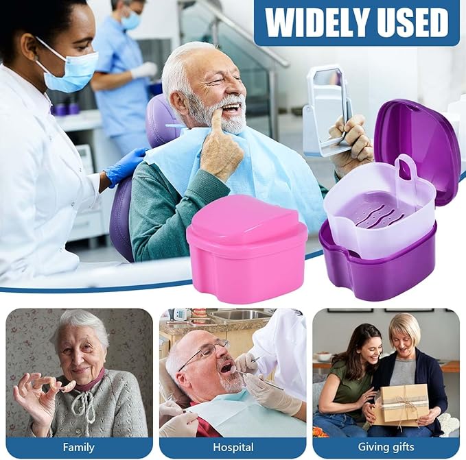 2 Pack Denture Bath Case Cup Box Holder Storage Container with Denture Cleaner Brush Strainer Basket for Travel Cleaning (Pink and Purple)