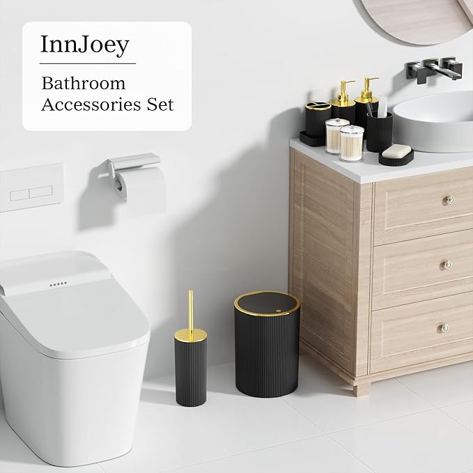 Black Gold Bathroom Accessories Set, 10PC Bathroom Set, Bath Accessory with Pop Up Trash Can, Soap Dispenser, Toilet Brush, Toothbrush Set Qtip Holders & Tray