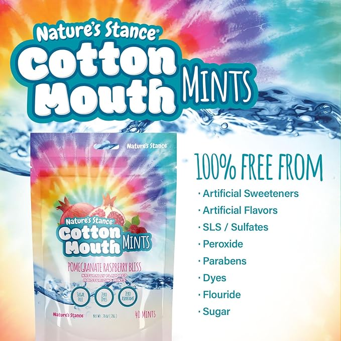 Nature's Stance Xylitol Mints for Cotton Mouth Relief, Dry Mouth Lozenges Sugar Free, Mouth Watering Mints - Stimulates Saliva & Freshens Breath, 40 Count (Pomegranate Raspberry Bliss)