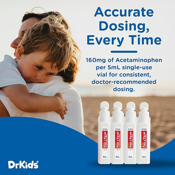 Dr. Kids Children’s Pain and Fever Medicine - Acetaminophen for Kids Ages 2-11, Pre-Measured Single-Use Vials for Headache, Sore Throat, Cold and Flu, Cherry Flavor, 30 Count (Pack of 1)