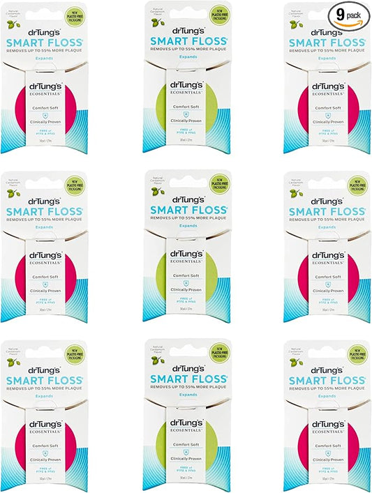 DrTung's Smart Floss - Natural Floss, PTFE & PFAS Free Floss, Gentle on Gums, Expands & Stretches, BPA Free - Natural Dental Floss Cardamom Flavor (Pack of 9)